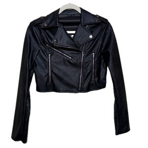 XS‎ Black Zipper Pockets Asymmetrical Vegan Leather Crop Motorcycle Jacket Coat